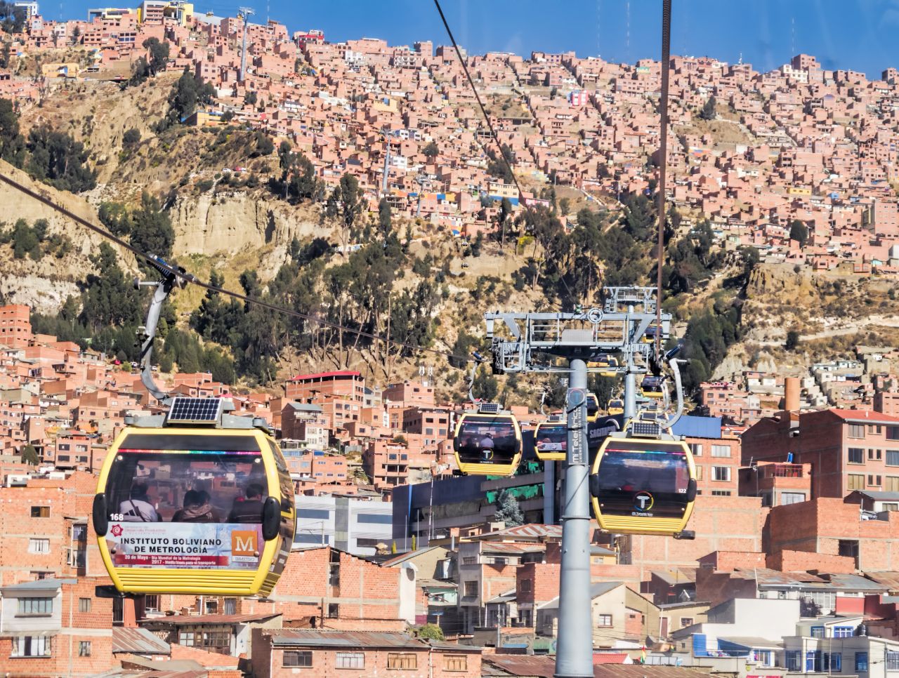 View of Mi Teleférico cabins above La Paz with the Andean hills behind