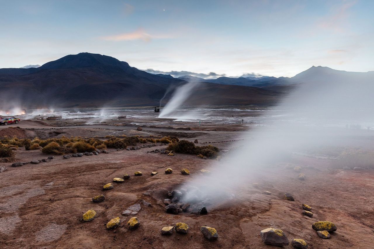 Morning steam rising from the El Tatio Geysers in the Atacama Desert, Chile